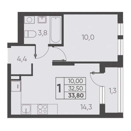 1 комнатная 33.80м²