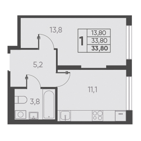 1 комнатная 33.80м²