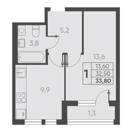 1 комнатная 33.80м²