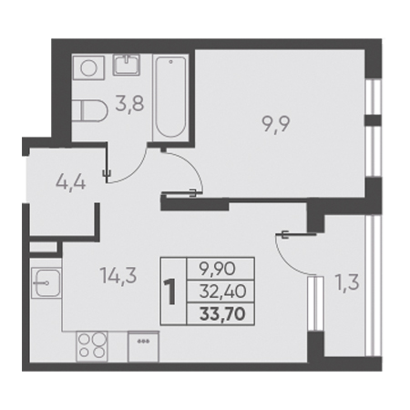 1 комнатная 33.70м²