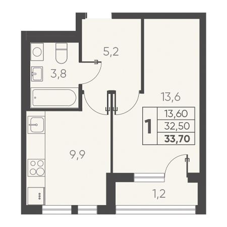 1 комнатная 33.70м²