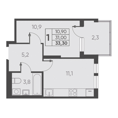 1 комнатная 33.30м²