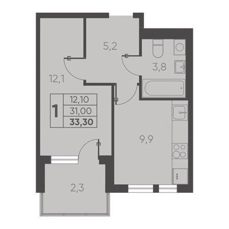 1 комнатная 33.30м²