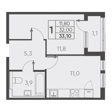 1 комнатная 33.10м²