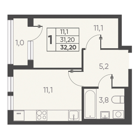 1 комнатная 32.20м²