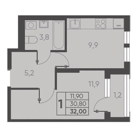 1 комнатная 32.00м²