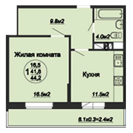 1 комнатная 44.2м²