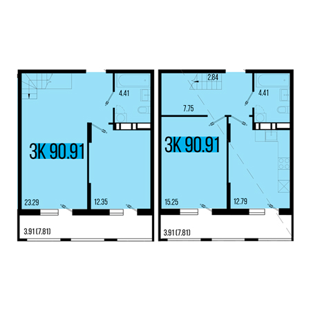 3 комнатная 90.91м²