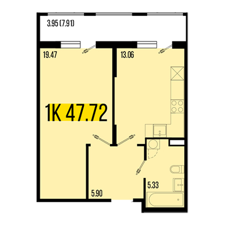 1 комнатная 47.72м²