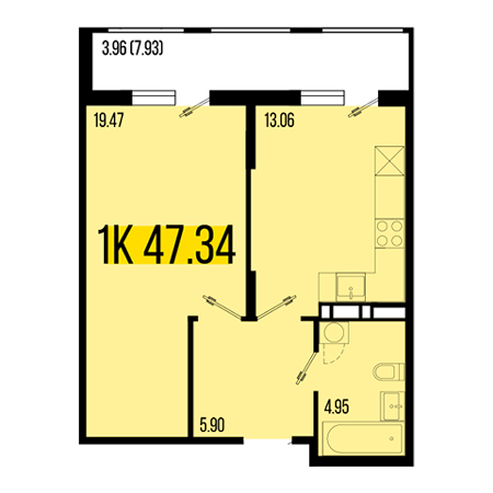 1 комнатная 47.34м²