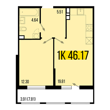 1 комнатная 46.17м²