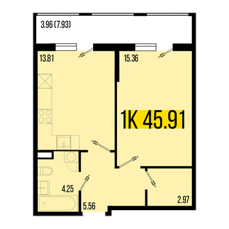 1 комнатная 45.91м²