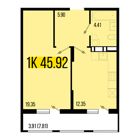 1 комнатная 45.92м²