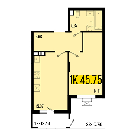 1 комнатная 45.75м²