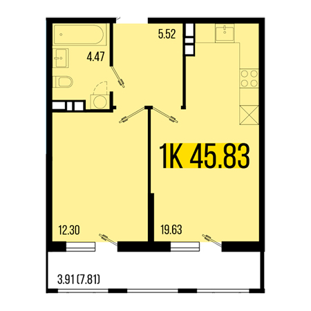 1 комнатная 45.83м²