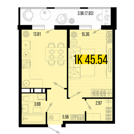 1 комнатная 45.54м²