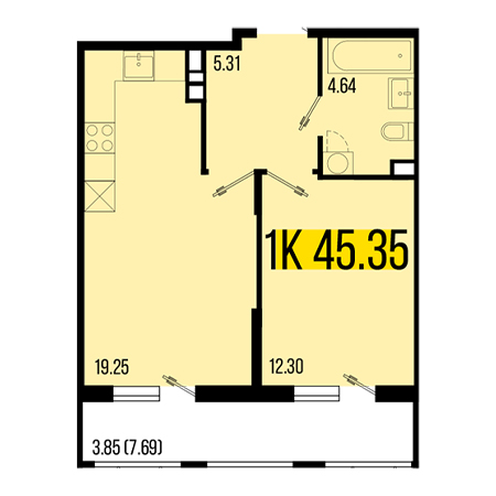 1 комнатная 45.35м²