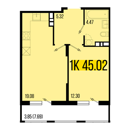 1 комнатная 45.02м²