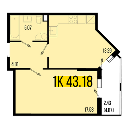 1 комнатная 43.18м²