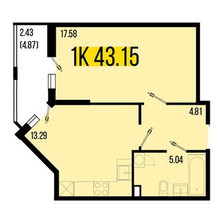 1 комнатная 43.15м²