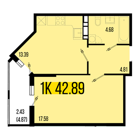 1 комнатная 42.89м²