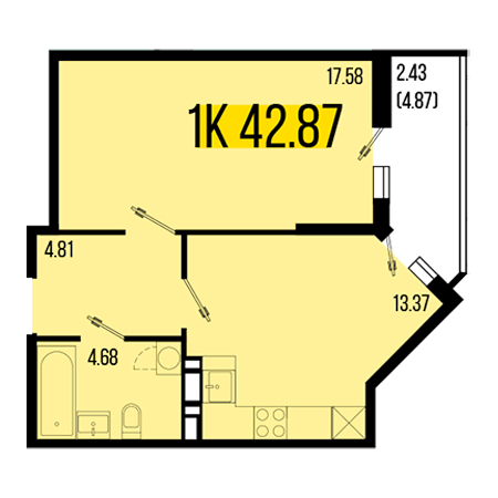 1 комнатная 42.87м²