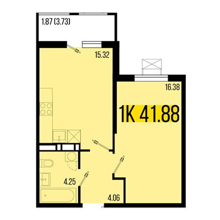 1 комнатная 41.88м²