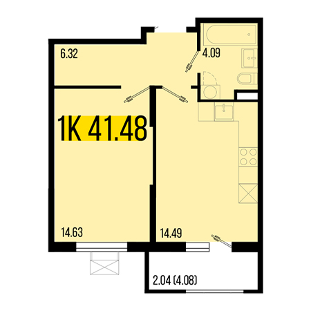 1 комнатная 41.48м²