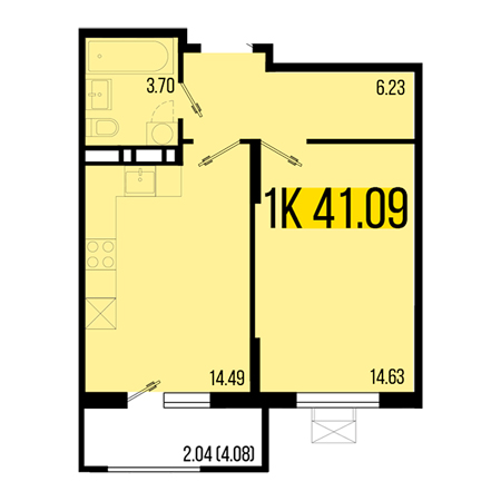 1 комнатная 41.09м²