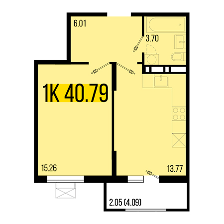 1 комнатная 40.79м²