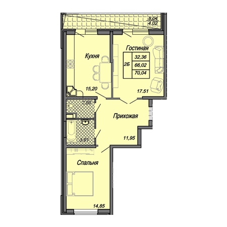 2 комнатная 70.04м²