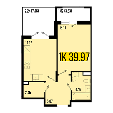 1 комнатная 39.97м²