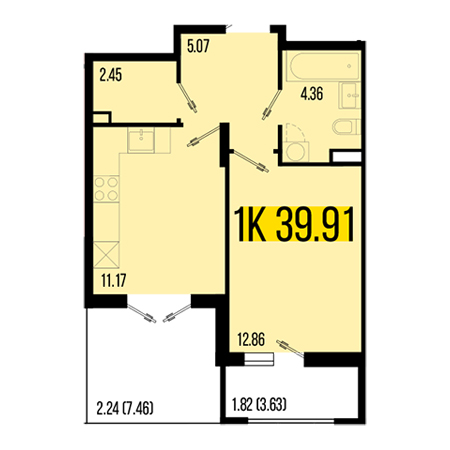 1 комнатная 39.91м²