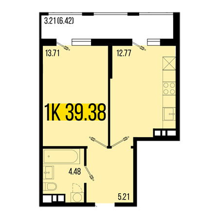 1 комнатная 39.38м²