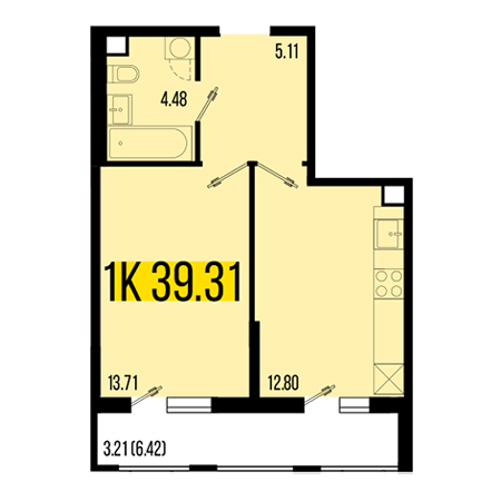 1 комнатная 39.31м²