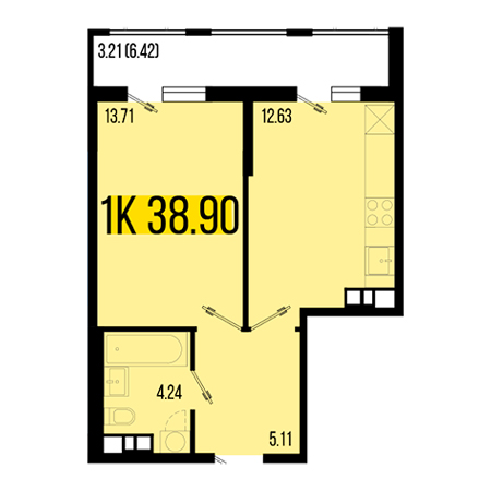 1 комнатная 38.90м²