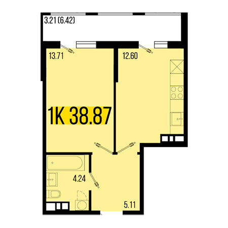 1 комнатная 38.87м²