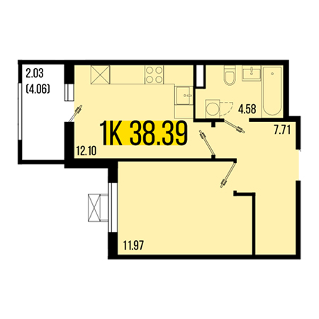 1 комнатная 38.39м²