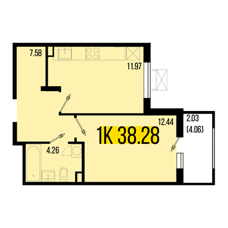 1 комнатная 38.28м²