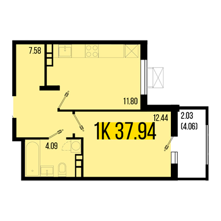 1 комнатная 37.94м²