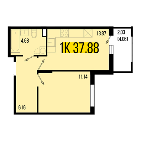 1 комнатная 37.88м²