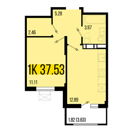 1 комнатная 37.53м²