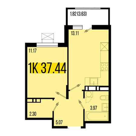 1 комнатная 37.44м²