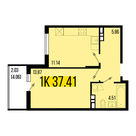 1 комнатная 37.41м²