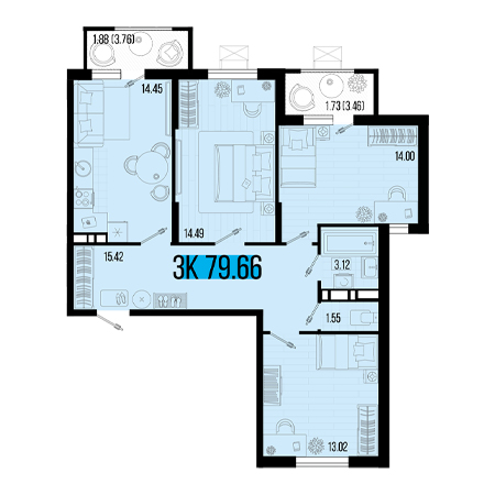 3 комнатная 79.66м²