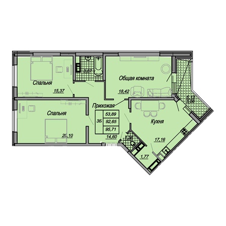 3 комнатная 95.71м²