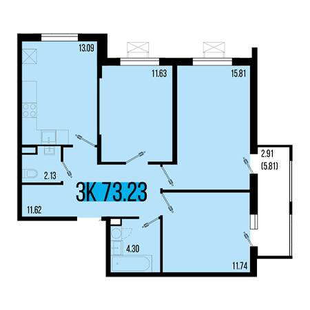 3 комнатная 73.23м²