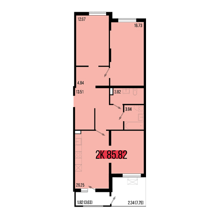 2 комнатная 85.82м²