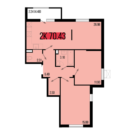 2 комнатная 70.43м²