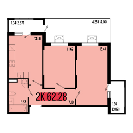 2 комнатная 62.28м²